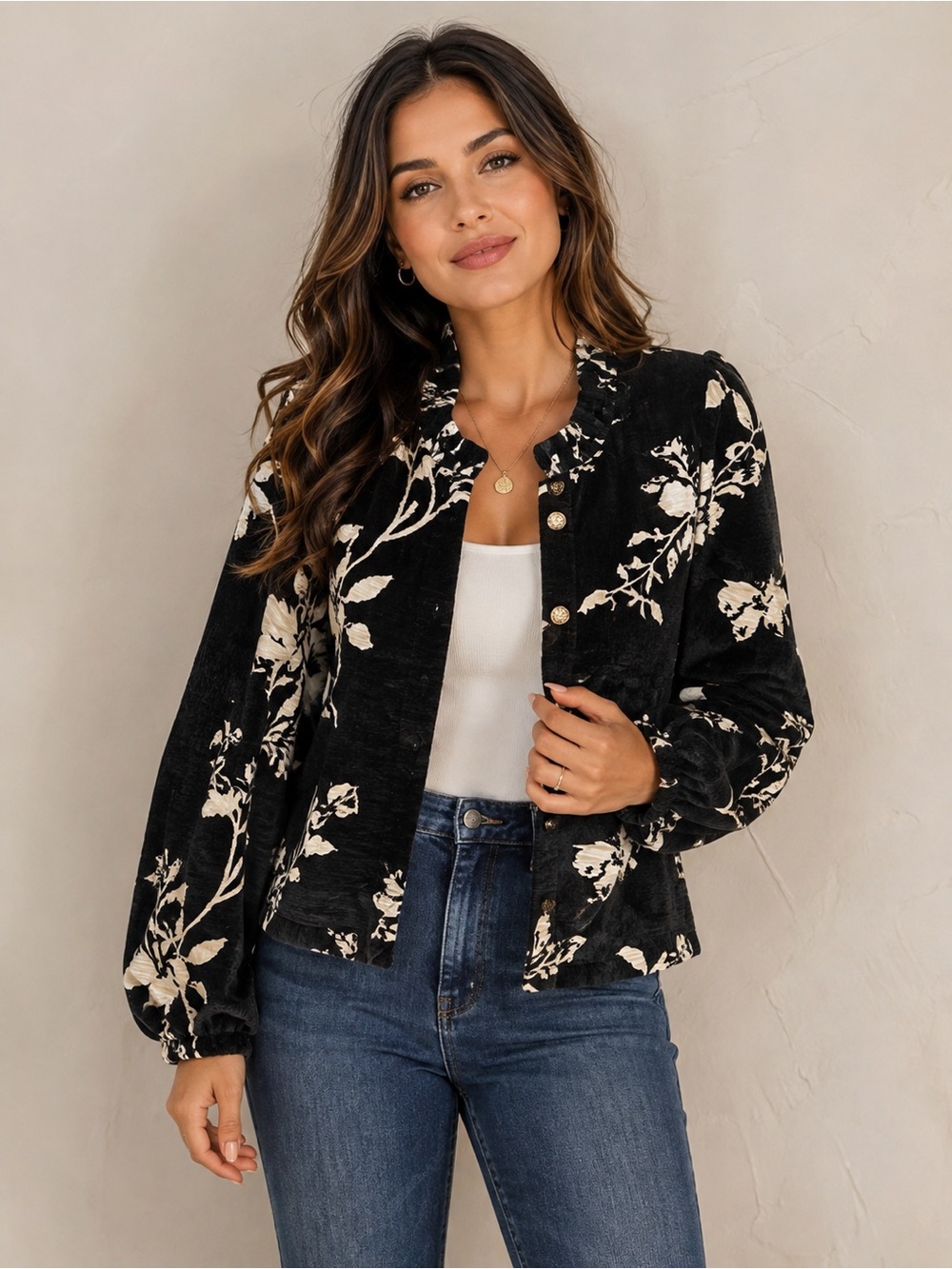 Jodifl Embossed Floral Button-Front Black Cream Jacket Balloon Sleeve Small NWOT
